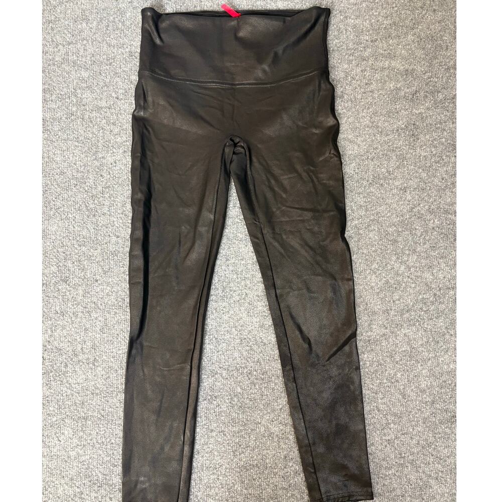 SPANX Faux Leather Leggings XL Petite Black Coated Shiny High Rise